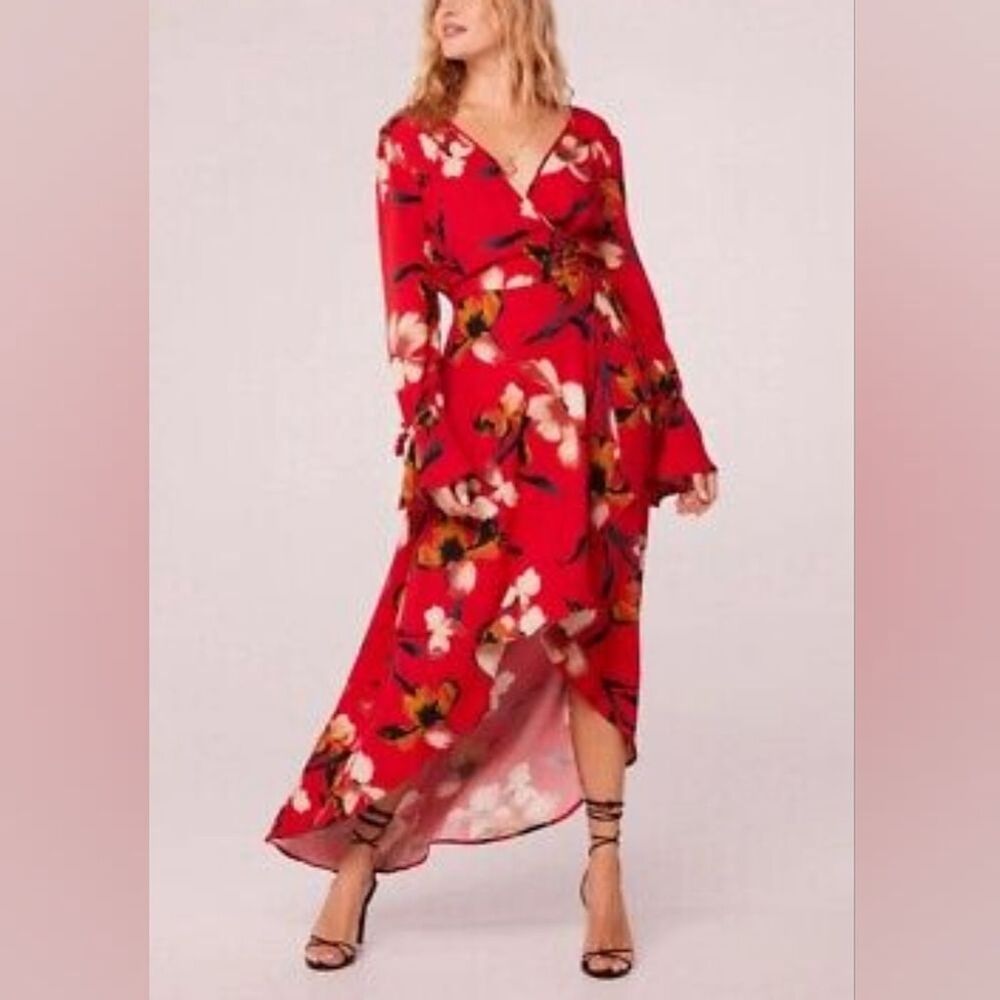 Band of the Free Bohemian High Low Wrap Maxi Dress, XS, Red & Black Floral